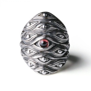 Inel unisex, model deosebit cu ochi multipli si unu cu cristal de sticla, tematica 2nd dimension, reglabil, argintiu,