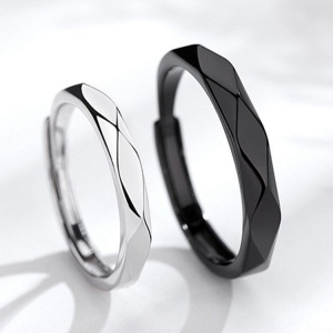 Inel unisex, set doua piese, model minimalist, delicate si asortate, tematica modern style, reglabil, argintiu cu negru - Img 3