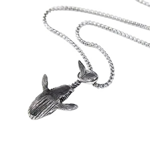 Lant cu pandantiv balena jucausa, model retro, tematica blue whale sea jump, unisex, argintiu,