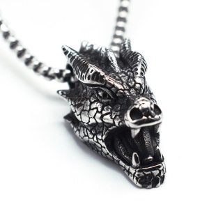 Lant cu pandantiv cap de dragon, model creaturi mitice, tematica fantasy world, unisex, argintiu, - Img 3