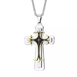 Lant cu pandantiv cruce argintie, negru cu auriu, unisex