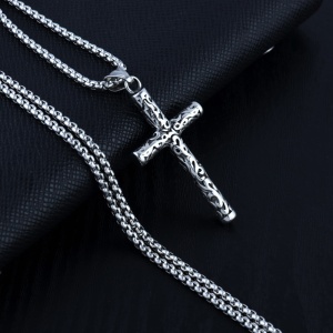 Lant cu pandantiv cruce, model holy cross, M3 stil budist, unisex, argintiu metalizat, - Img 3