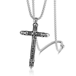 Lant cu pandantiv cruce, model holy cross, M4 stil aztec, unisex, argintiu antichizat,