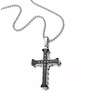 Lant cu pandantiv cruce, negru cu cristale semipretioase, unisex - Img 2