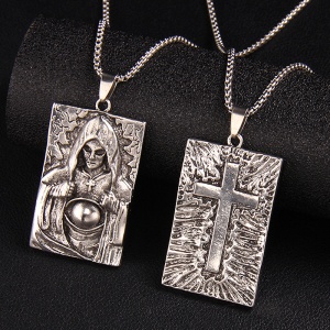 Lant cu pandantiv demon, model grim reaper, tematica infricosatoare, unisex, argintiu, - Img 3