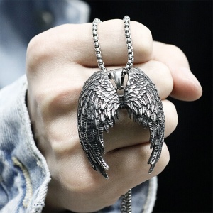 Lant cu pandantiv, model aripi fallen angel, unisex, argintiu inchis, - Img 3