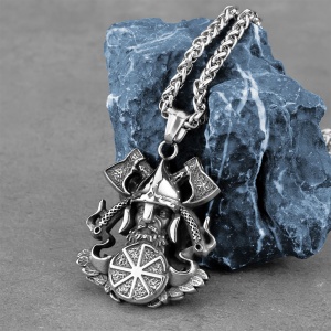 Lant cu pandantiv, model cu dual axe wielding viking, tematica valhalla is calling, unisex, argintiu, - Img 3