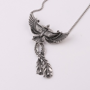 Lant cu pandantiv pasare phoenix, model simbolul renasterii, tematica freedom bird, unisex, argintiu - Img 3