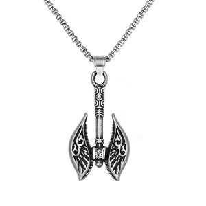 Lant cu pandantiv topor, model angel wing, unisex, argintiu inchis,