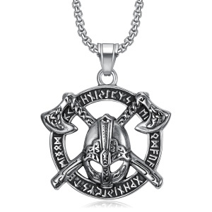 Lant cu rune si luptator viking, model berserk dual axe rage, unisex, argintiu,