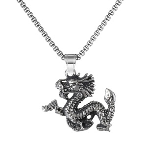 Lant cu tematica mitologie chinezeasca, pandantiv dragon zburator, unisex, argintiu inchis,