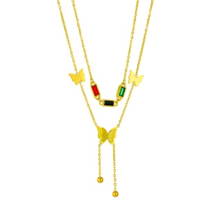 Lant dama, model dublat cu cristale si pandantive fluturi, prelungire eleganta, reglabil, tematica fashion style, auriu