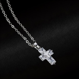 Lant dama, pandantiv cruce din cristal, model minimalist elegant, reglabil, argintiu - Img 3