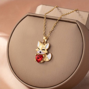 Lant dama, pandantiv cu vulpita cute, accesorizat cu cristale, tematica happy fox, auriu cu rosu - Img 4