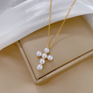 Lant dama, pandantiv delicat, model cu cruce accesorizata cu margele fashion, tematica believer, reglabil, auriu - Img 4