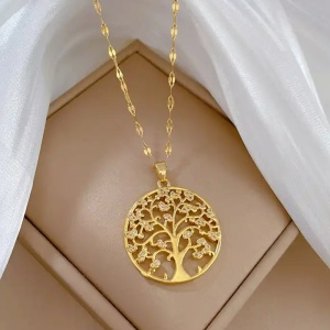 Lant dama, pandantiv rotund copacul vietii, model delicat si elegant, tematica tree of life, auriu - Img 2