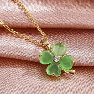 Lant dama, pandantiv trifoi cu patru foi, model norocos cu cristal, tematica fashion spring, reglabil, verde - Img 2