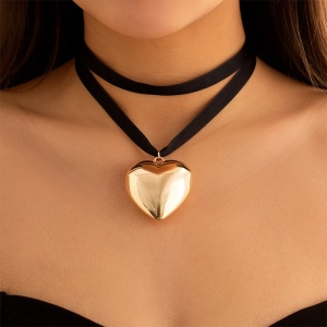 Lant dama tip colier choker, pandantiv inima supradimensionata, model elegant, tematica big heart, reglabil, auriu - Img 2