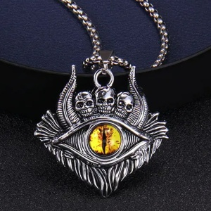 Lant demon world, cu pandantiv evil eye cu detalii capete de schelet, unisex, galben, - Img 2
