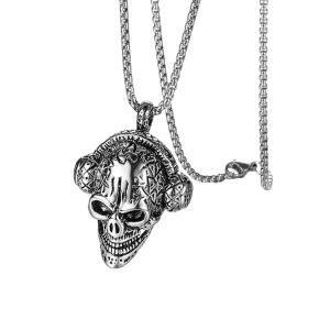 Lant love music to death, cu pandantiv cap de mort cu casti, unisex, argintiu,