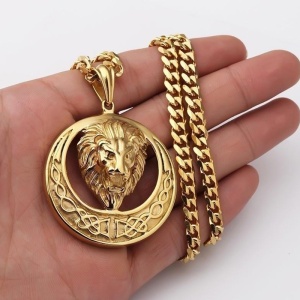 Lant, model lion king cu blazon, pandantiv cap de leu regal, unisex, auriu, - Img 2