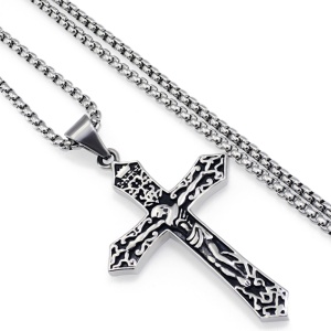 Lant model religios, cu pandantiv cruce INRI, unisex, argintiu, - Img 4