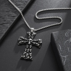 Lant retro gotic cu pandantiv cruce formata din capete de schelet, model exorcism, tematica religioasa, unisex, argintiu, - Img 4