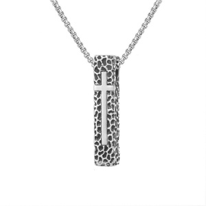 Lant unisex, pandantiv deosebit, model cruce in piatra, tematica holy cross, argintiu,
