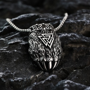 Lant unisex, pandantiv gheara de urs, model cu symbol viking Valknut, tematica bear paw, argintiu, - Img 2