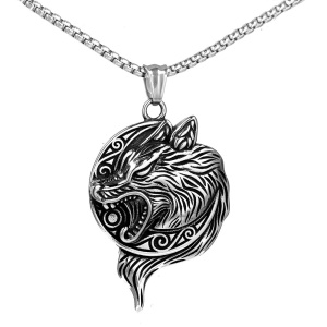 Lant unisex, pandantiv retro deosebit, model cu luna si lup, tematica viking wolf, argintiu,