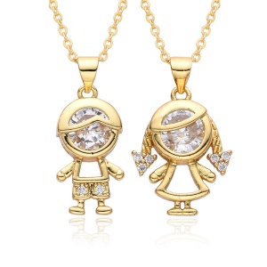Lant unisex, set doua piese, pandantiv delicat cu cristal de sticla, model cute pereche baiat si fata, tematica trendy couple, reglabil, auriu