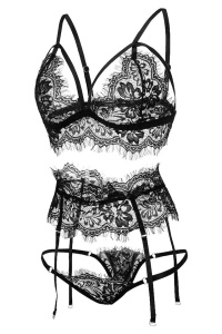 Lenjerie sexy 3 piese, sutien, chilot si portjartier, dantela, negru - Img 2