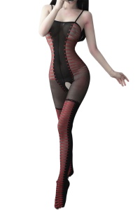 Lenjerie sexy dama, body tip salopeta intreaga, bretele subtiri si crapatura inghinala, model imitatie corset, negru cu rosu