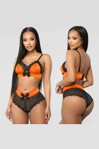 Lenjerie sexy dama, set 2 piese, chilot talie inalta si sutien reglabil, model senzual cu fundite, tematica nopti romantice, portocaliu - Img 4