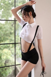 Lenjerie sexy, set 2 piese, pantaloni scurti cu bretele lungi, mini camasa, model scolaresc, tematica school crush, alb cu negru - Img 3
