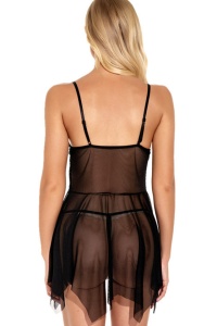 Lenjerie sexy, set 2 piese, rochie in colturi cu despicatura in fata si chilot decupaj tanga, model vaporos semitransparent, tematica romantic mood, negru cu albastru - Img 2