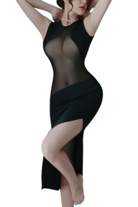 Lenjerie sexy, set 2 piese, rochie lunga cu decupaje asimetrice semitransparente, model senzual, tematica high class lady, negru