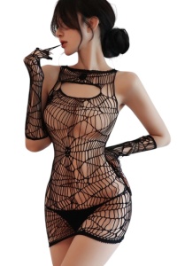 Lenjerie sexy, set 2 piese, rochie scurta si manusi asortate, model cu taieturi multiple, tematica spider lady, neagra