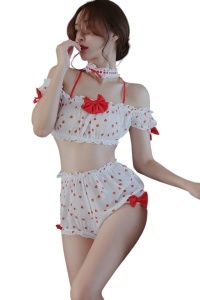 Lenjerie sexy, set 3 piese, top tip bustiera, chilot brazilian talie inalta si accesoriu pentru gat tip choker, imprimeu cu capsuni delicioase, model inocent, tematica sweet love lady, alb