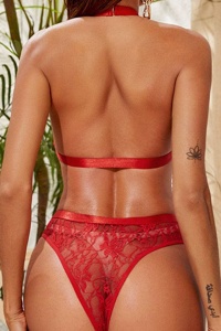 Lenjerie sexy, set din 2 piese, sutien si chiloti talie inalta, cu accesoriu inimioara, rosu - Img 2
