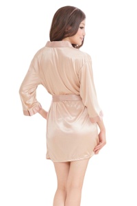 Lenjerie sexy tip halat, maneci lungi, cordon in talie, chilot tanga, crem - Img 2