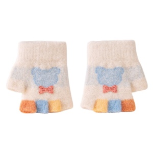 Manusi copii, model cu degetele dezgolite colorate, imprimeu iepuras cu fundita, tematica fashion winter, unisex, marime 1 – 3 ani, bej
