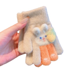 Manusi copii, model cu manseta elastica si iepuras, accesorizate cu o capsunica, tematica little bunny, unisex, marime 3 – 8 ani, bej