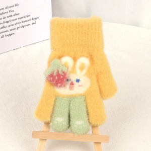 Manusi copii, model cu manseta elastica si iepuras, accesorizate cu o capsunica, tematica little bunny, unisex, marime 3 – 8 ani, galbene - Img 3