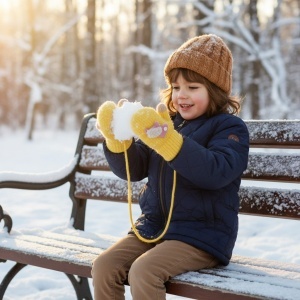 Manusi copii, model cu un singur degetel si snur, manseta elastica, accesorizate cu figurine vesele, tematica happy winter, unisex, marime 1 – 3 ani, galbene - Img 4