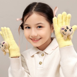 Manusi copii, model pufos cu manseta elastica, accesorizate cu figurine hazlii, tematica happy day, unisex, marime 6 – 10 ani, galbene deschis - Img 4