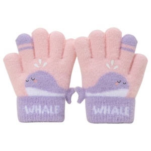 Manusi copii, model vesel cu balenuta, manseta elastica si detalii de contrast pe degete, tematica happy whale, unisex, marime 3 – 5 ani, roz cu mov