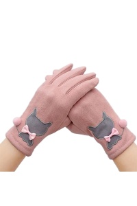 Manusi dama, model delicat cu pisica, accesorizat cu pom pom mic si fundita, tematica fashion cat, marime universala, roz