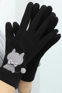 Manusi dama, model delicat cu pisica, accesorizat cu pom pom mic si fundita, tematica fashion cat, marime universala, negre - Img 2