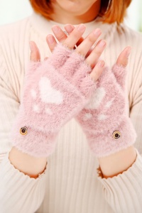 Manusi pentru adolescente pana in 18 ani, calduroase, model cu capat decapotabil si prindere cu nasture, tematica winter cat, marime universala, roz - Img 4